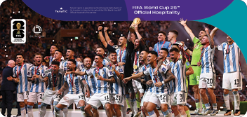 Argentina team celebrating with the World Cup trophy on stage, with FIFA World Cup 2026 Official Hospitality and Fanatic Sports branding.