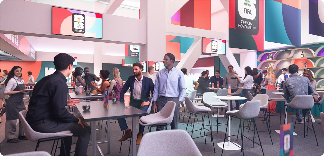 Guests socialising in a premium FIFA World Cup 2026 hospitality lounge with event branding.