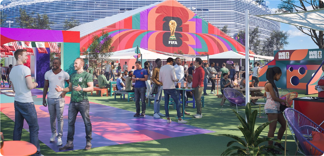 Visitors enjoying an outdoor FIFA World Cup 2026 hospitality lounge with visible branding.