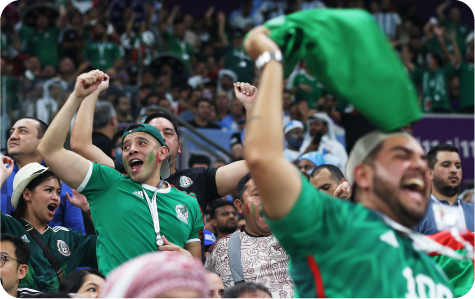 Excited football fans cheering in a stadium during a match.