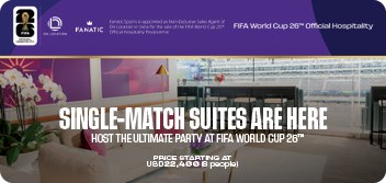 Luxury FIFA World Cup 2026 hospitality suite promoting single-match suite packages starting at USD 22,400 for eight guests.