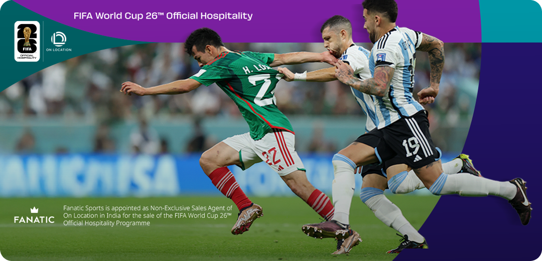 Mexico player sprinting past two Argentina defenders with FIFA World Cup 2026 Official Hospitality and Fanatic Sports branding.