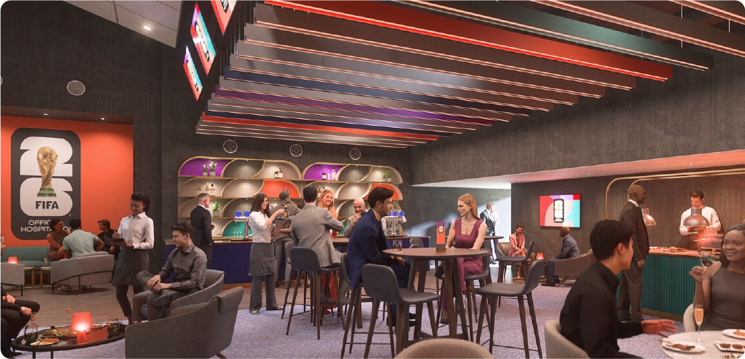 Guests relaxing in a modern FIFA World Cup 2026 hospitality lounge with official branding.