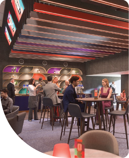 Guests relaxing in a modern FIFA World Cup 2026 hospitality lounge with official branding.