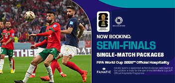 Mexico player sprinting past two Argentina defenders with FIFA World Cup 2026 Official Hospitality and Fanatic Sports branding.