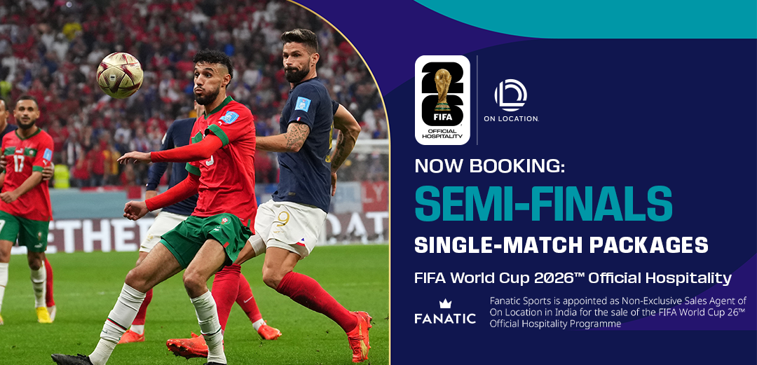 Mexico player sprinting past two Argentina defenders with FIFA World Cup 2026 Official Hospitality and Fanatic Sports branding.