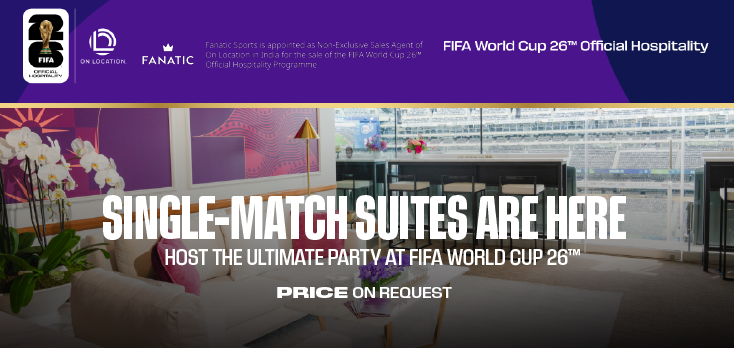 Luxury FIFA World Cup 2026 hospitality suite promoting single-match suite packages starting at USD 22,400 for eight guests.
