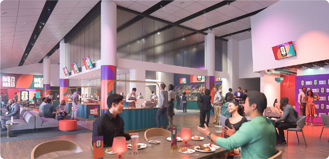 Guests seated in a luxurious FIFA World Cup 2026 hospitality lounge with official branding.