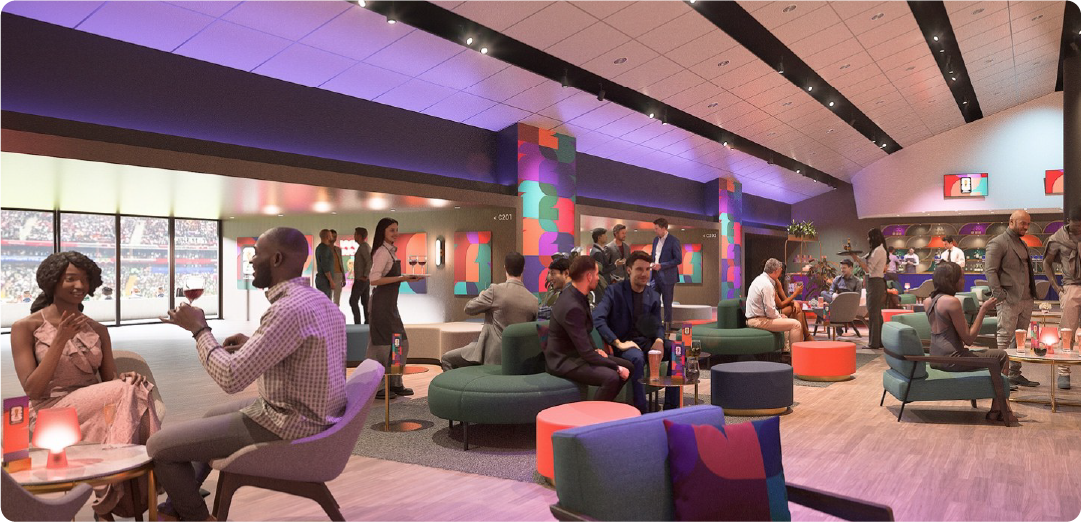 Guests seated in a spacious FIFA World Cup 2026 hospitality lounge with official branding.