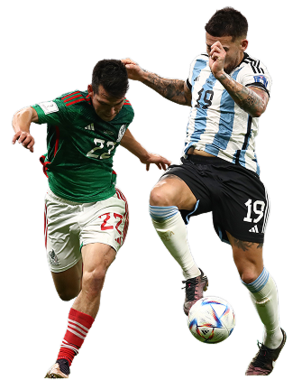 Mexico and Argentina players competing for the ball during a football match.